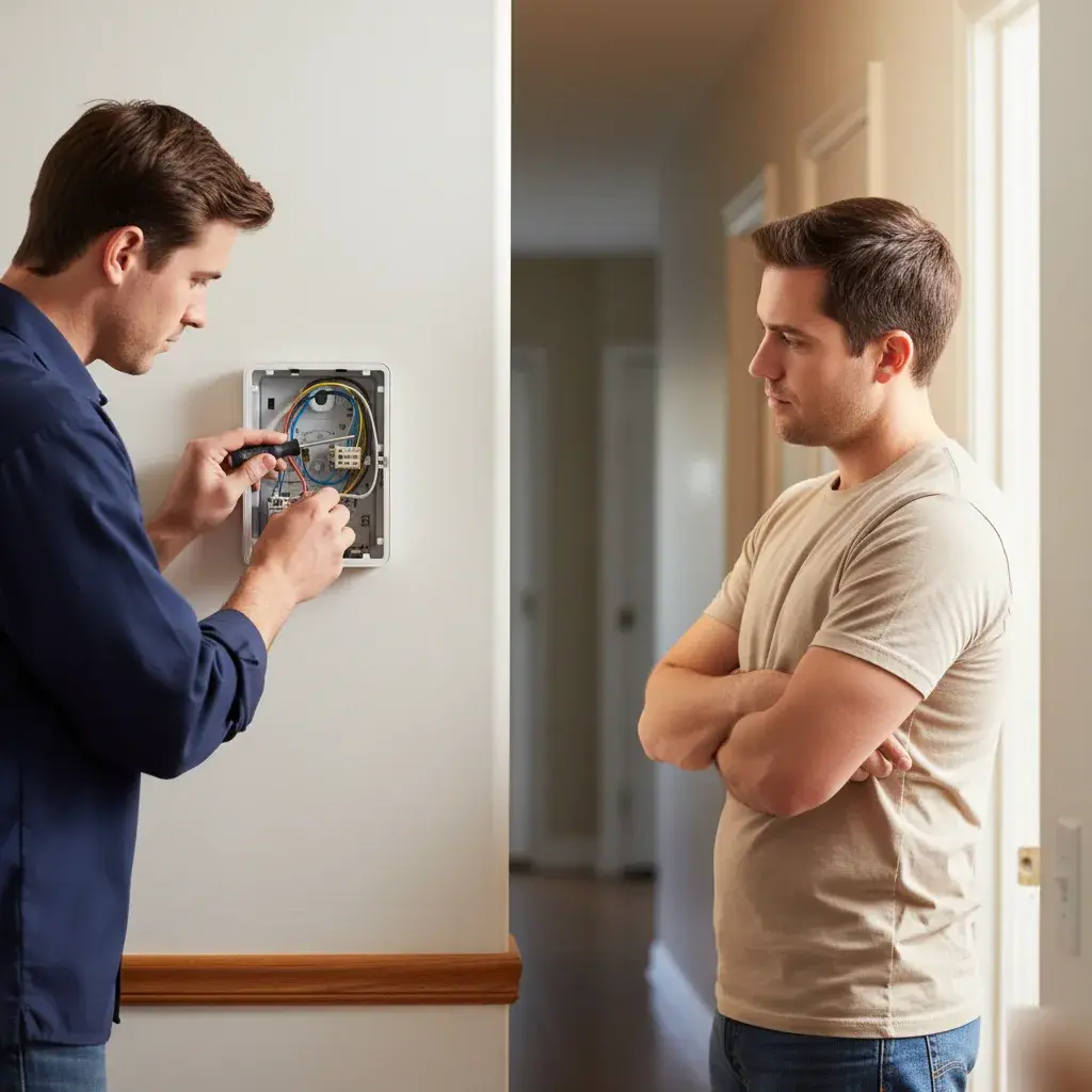 Technician checking thermostat wiring during a cooling system diagnostic