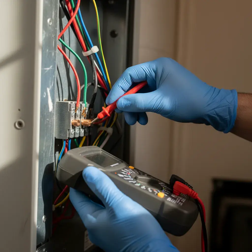 Technician performing a seasonal cooling maintenance check on residential equipment