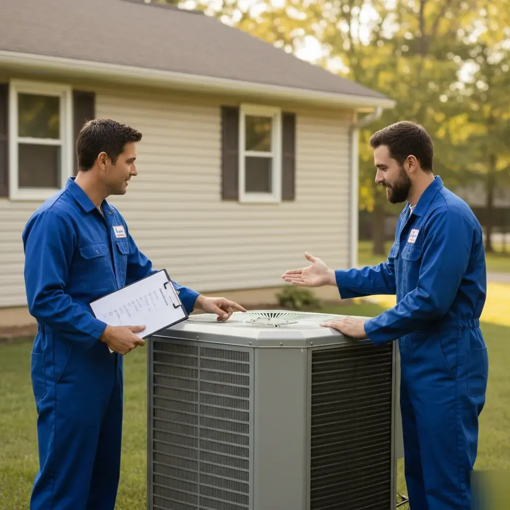 Technician testing capacitor and electrical components inside an outdoor condenser