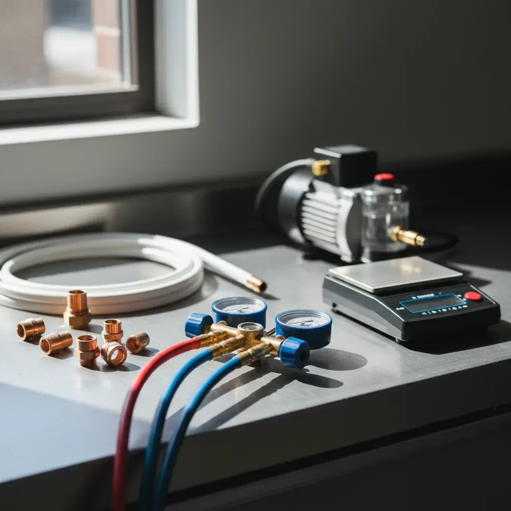AC service tools including gauges and refrigerant scale