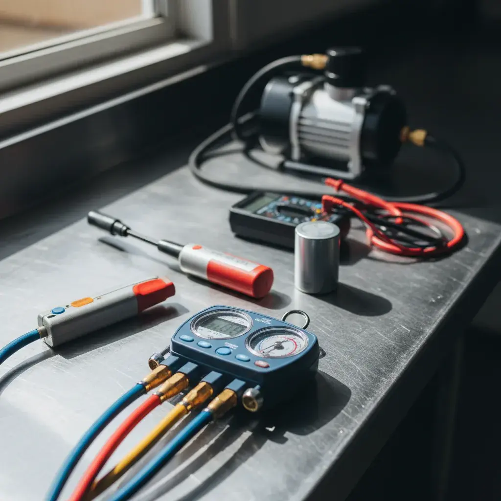 AC repair tools including gauges, capacitor, and leak detector
