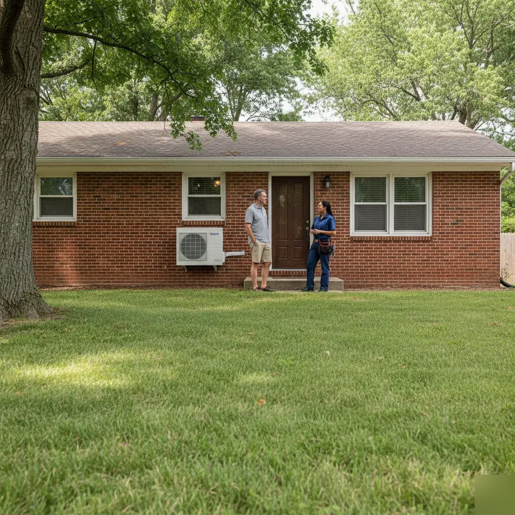 Technician reviewing completed cooling work with a homeowner