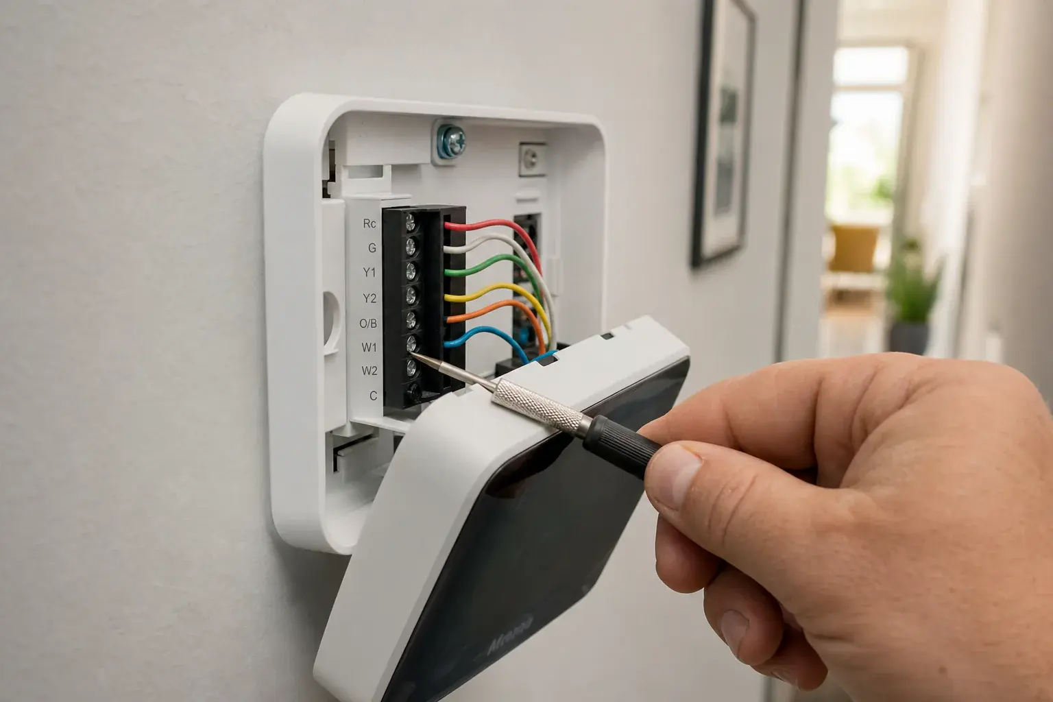 Technician reviewing thermostat wiring during a whole-home AC diagnostic