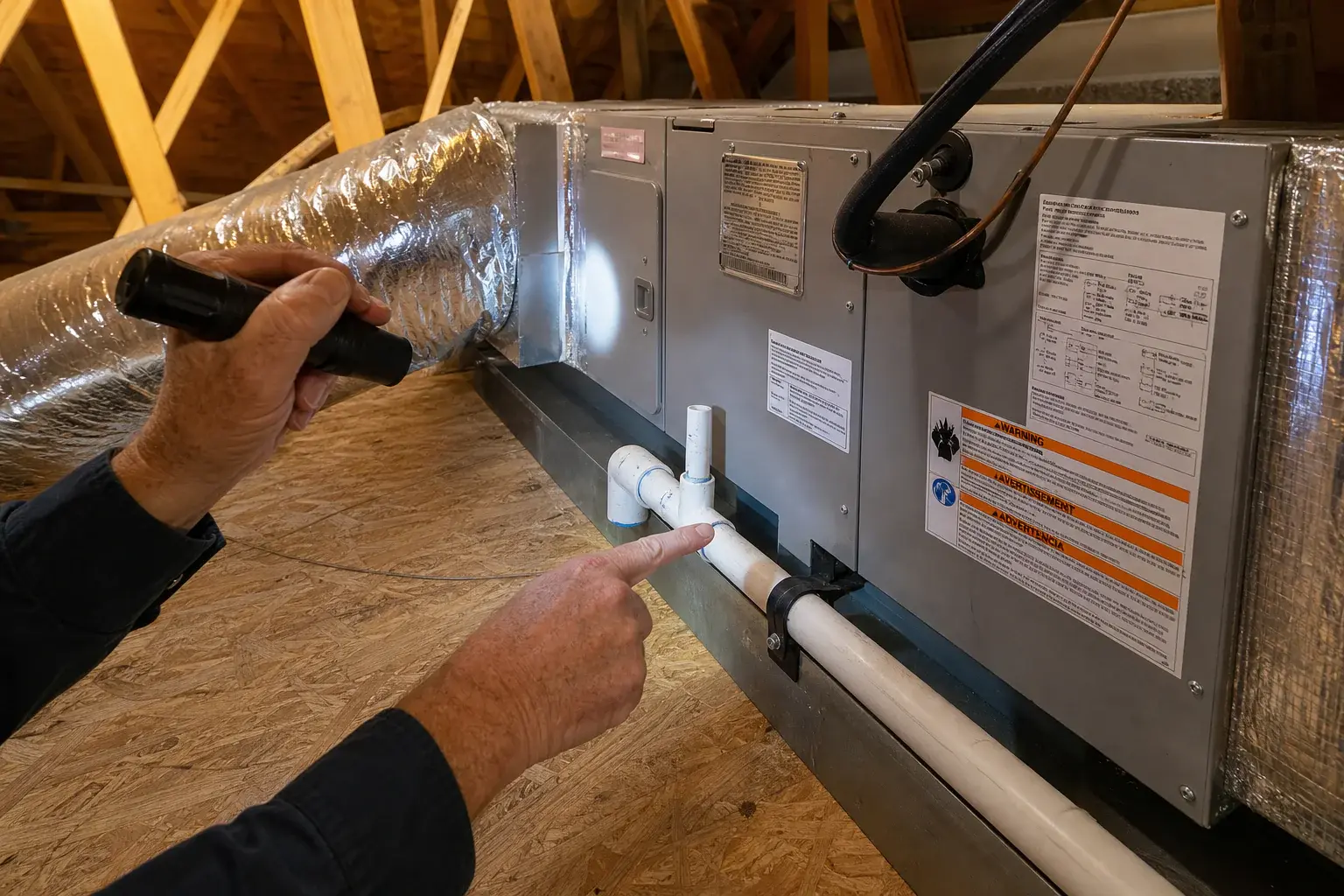 Technician checking residential attic air handler during an AC diagnostic