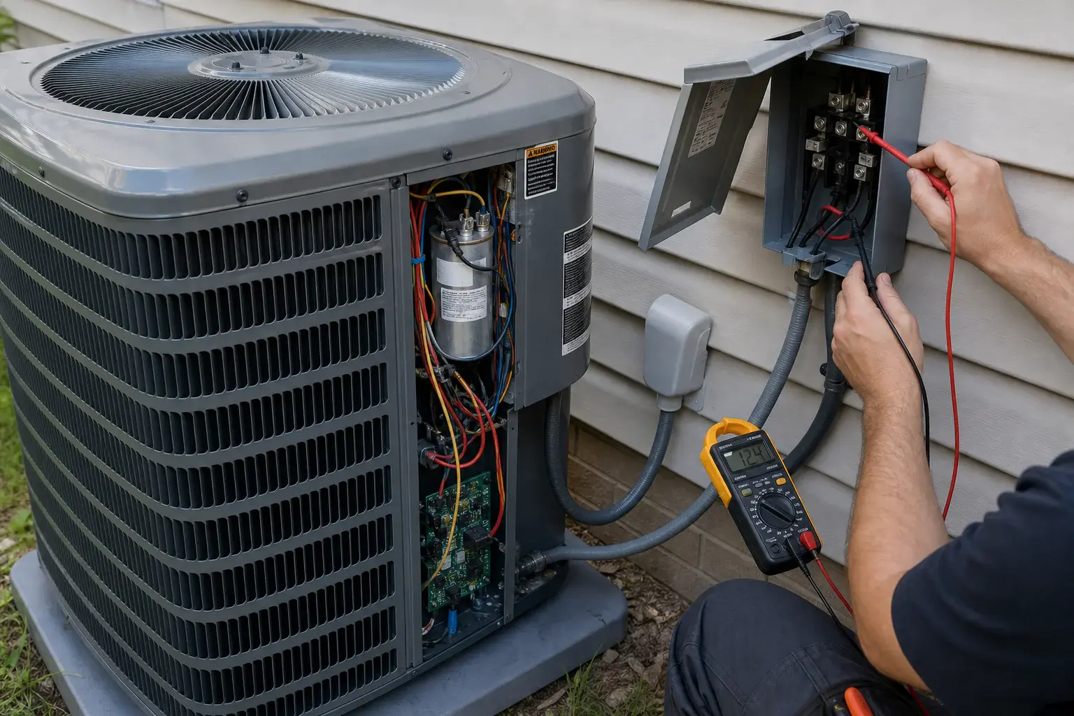 Outdoor condenser and electrical disconnect reviewed during a cooling repair-versus-replacement assessment