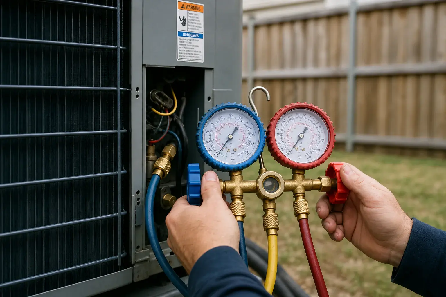 Technician measuring refrigerant pressure during an outdoor AC diagnostic