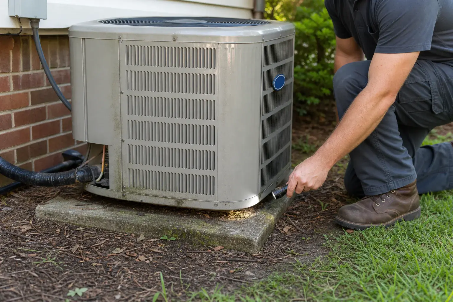 Condenser unit beside a home during a repair-versus-replacement review