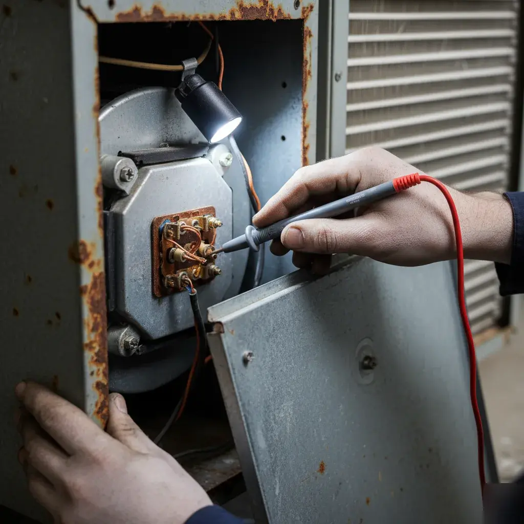 Technician inspecting an aging air handler blower motor