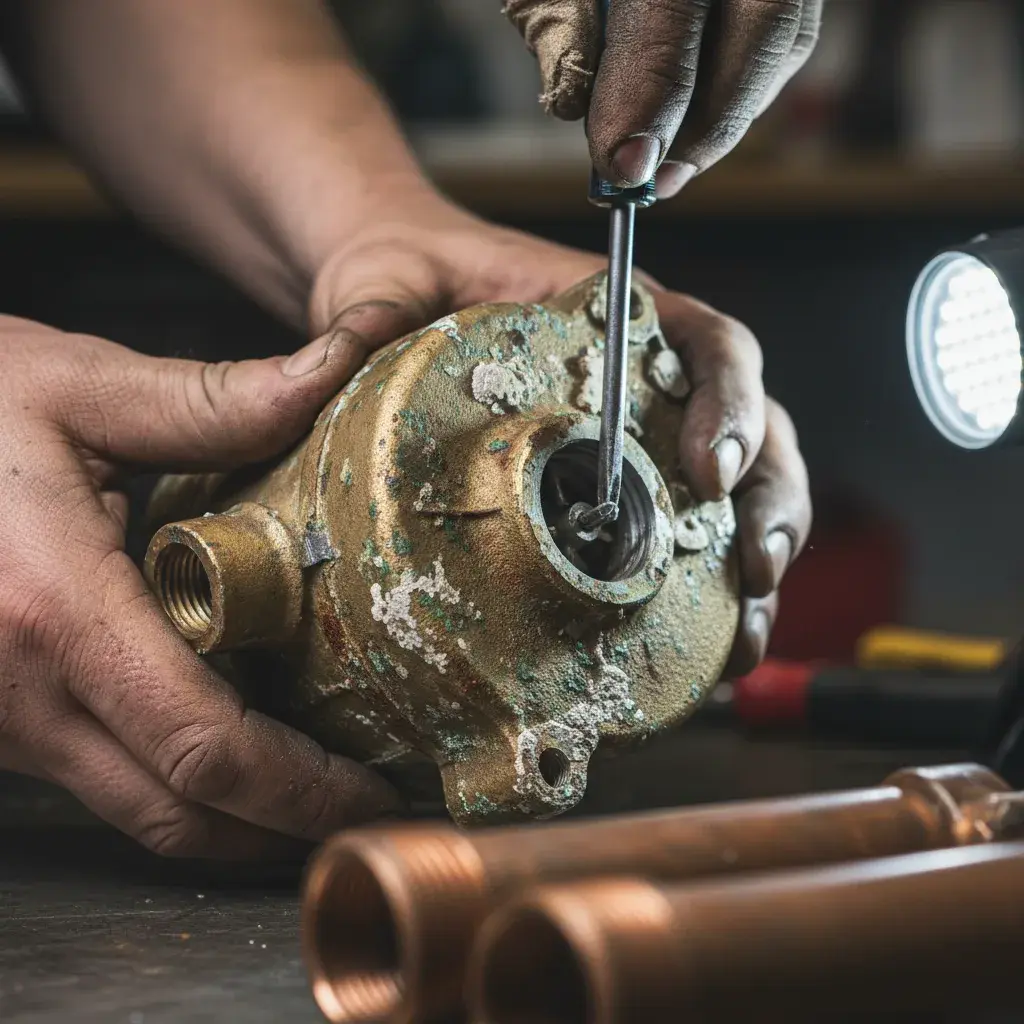 Corroded circulator pump inspected before replacement