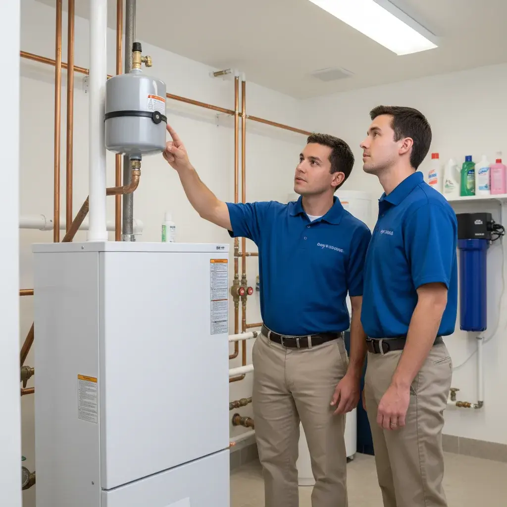Technician inspecting a wall-mounted boiler expansion tank