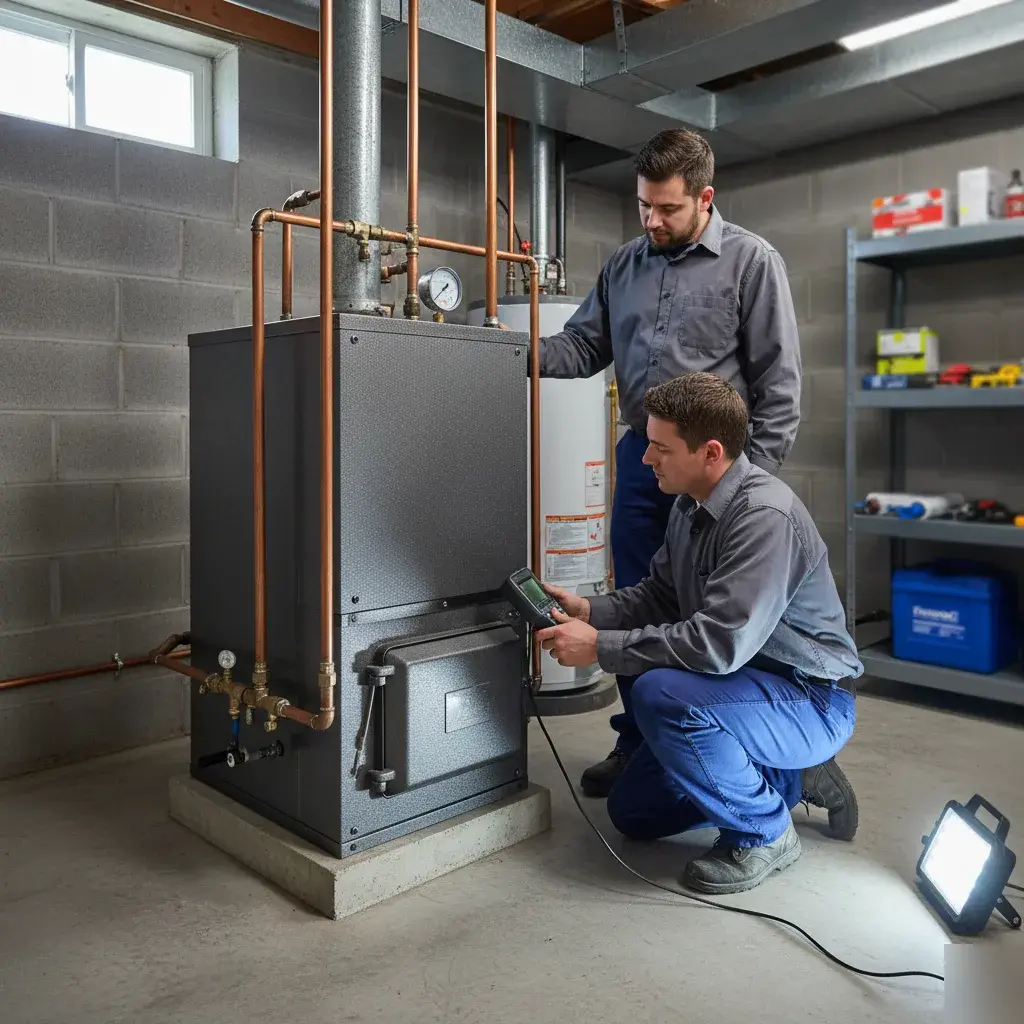 Technician inspecting a boiler during diagnostic service