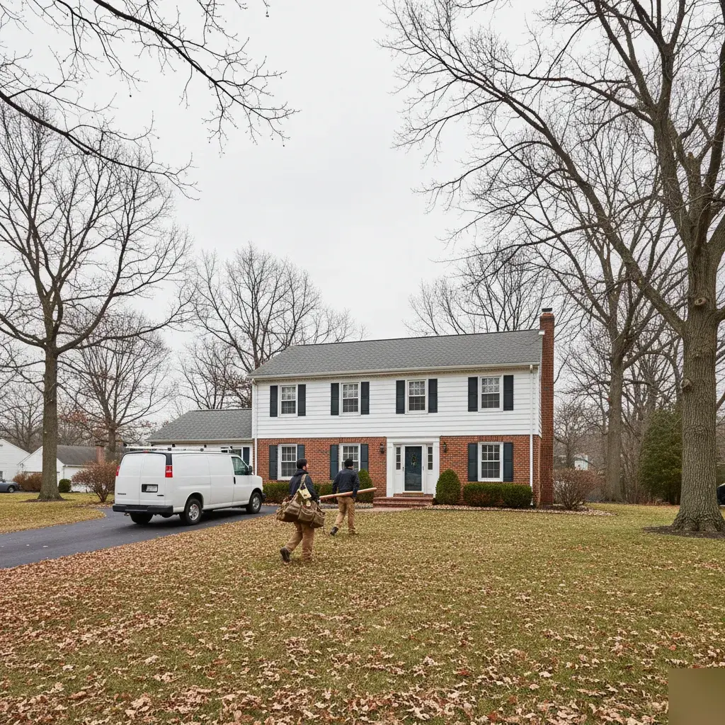 Two technicians with tool bags walking up to a single-family home