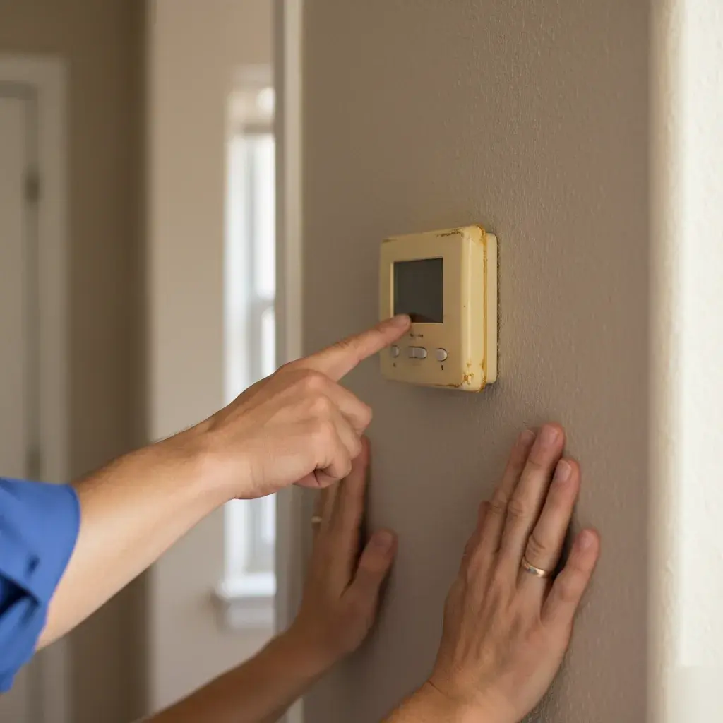 Technician checking an older central AC thermostat during replacement evaluation