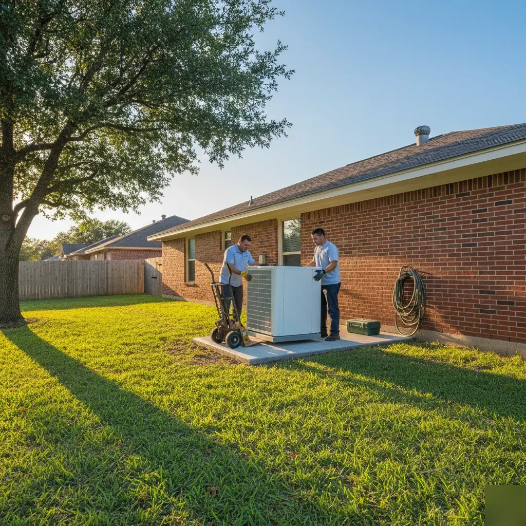 New outdoor condenser staged beside a single-family home