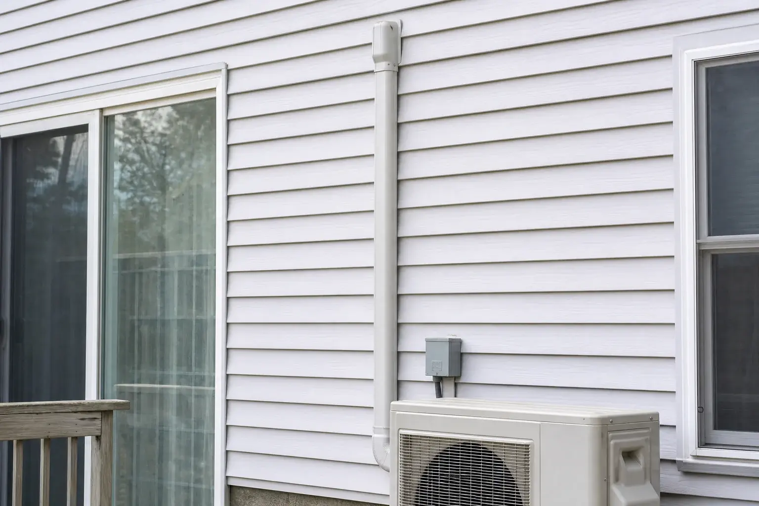 Exterior wall showing a visible ductless mini split line-set cover
