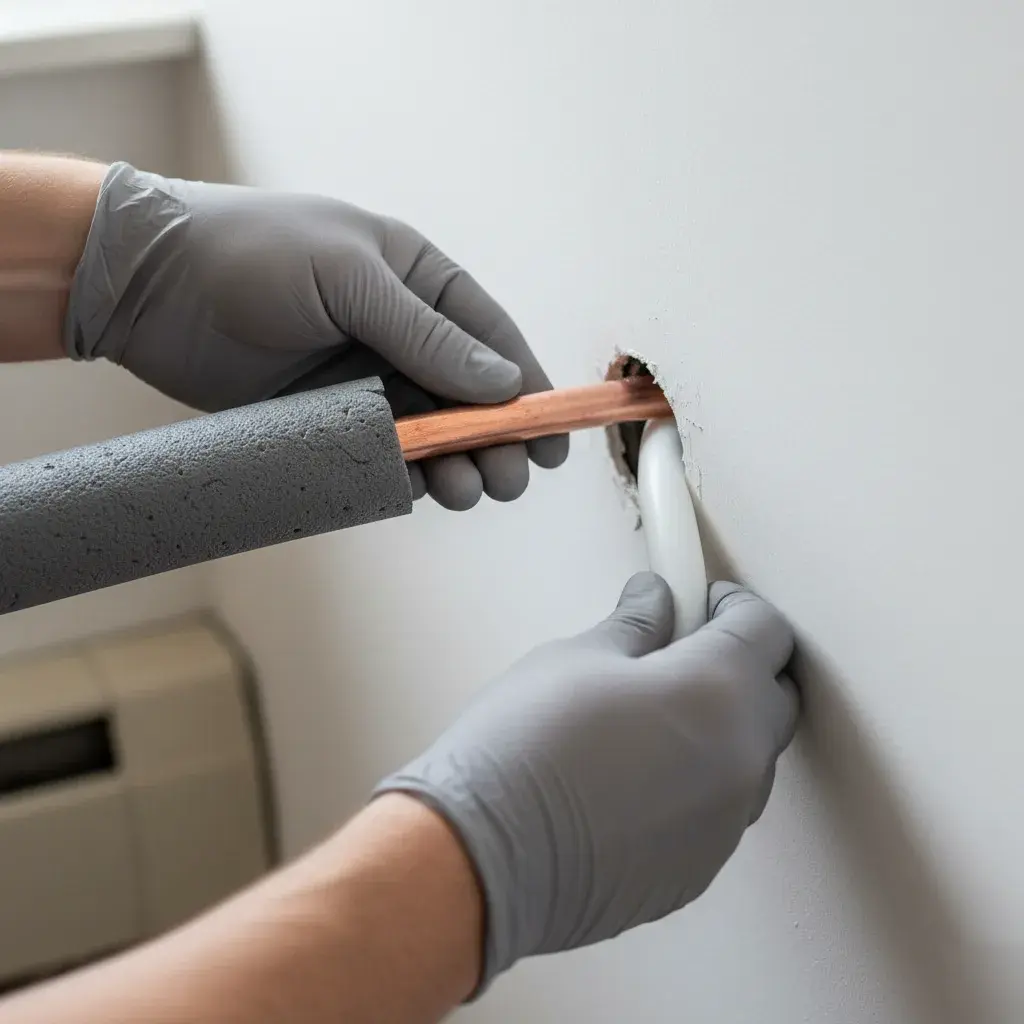 Technician examining refrigerant line connections on an outdoor ductless condenser unit