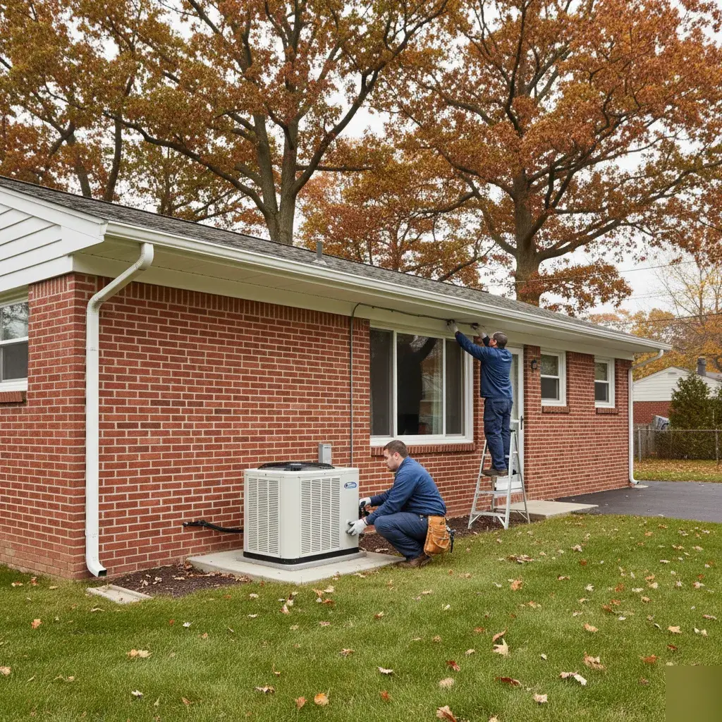 Outdoor ductless mini split condenser installed beside a brick home