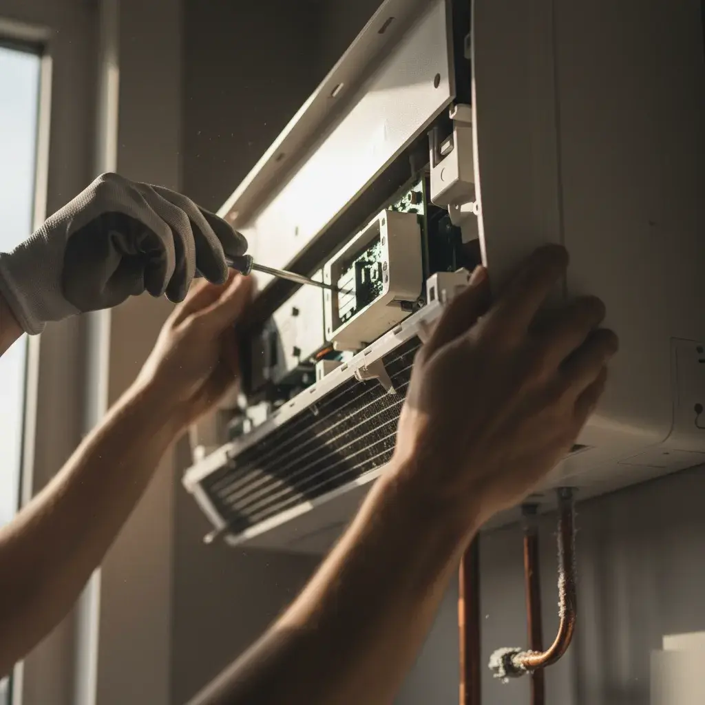 Wall-mounted ductless indoor unit in a residential room beside standard furnishings