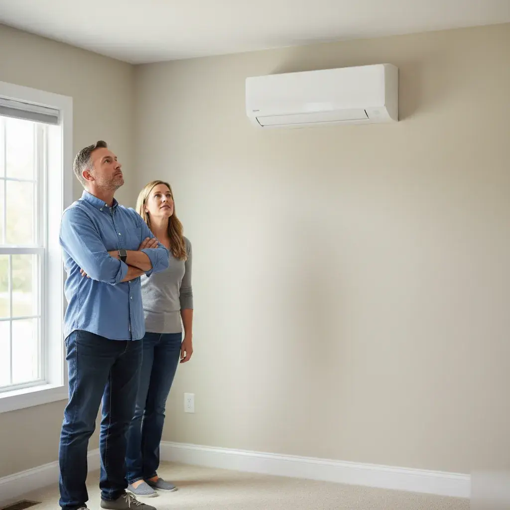 Outdoor ductless condenser beside a home with electrical disconnect visible on the exterior wall