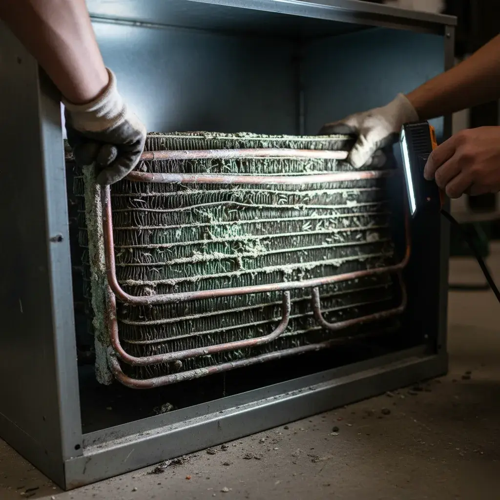 Technician inspecting an evaporator coil inside an open air handler cabinet