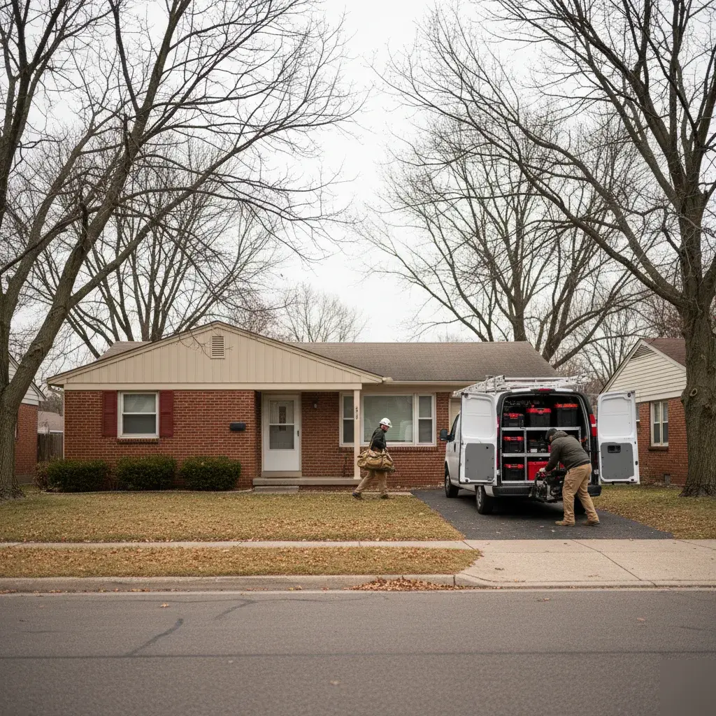 Service van parked outside a single-family home