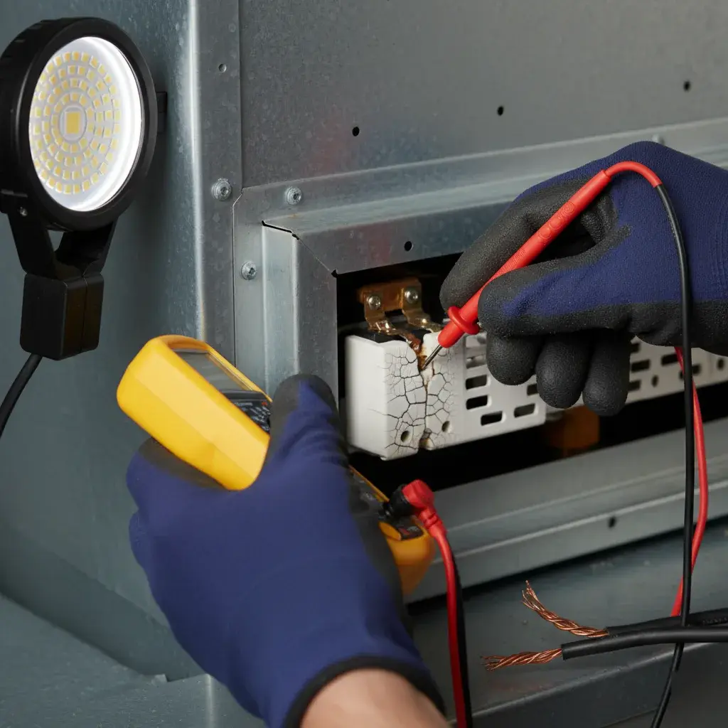 Technician reviewing heating equipment readings during a seasonal maintenance visit
