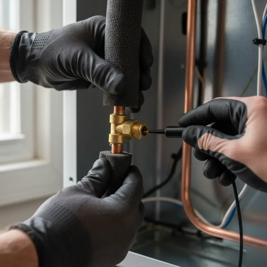 Technician inspecting refrigerant lines on outdoor cooling equipment with diagnostic tools