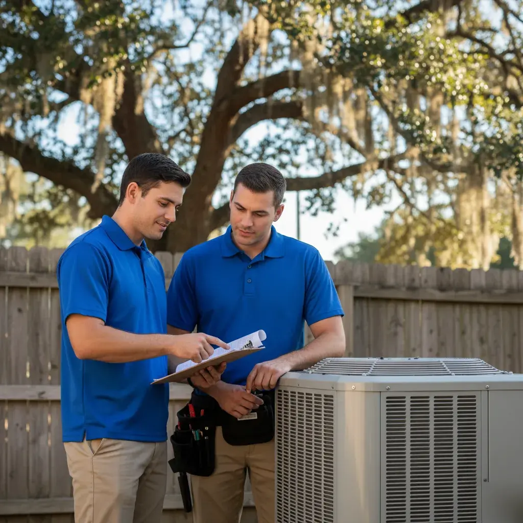 Technician reviewing refrigerant leak inspection results