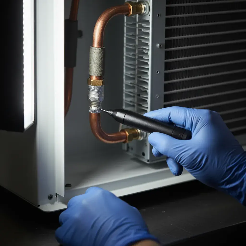 Technician repairing a refrigerant line connection on outdoor cooling equipment