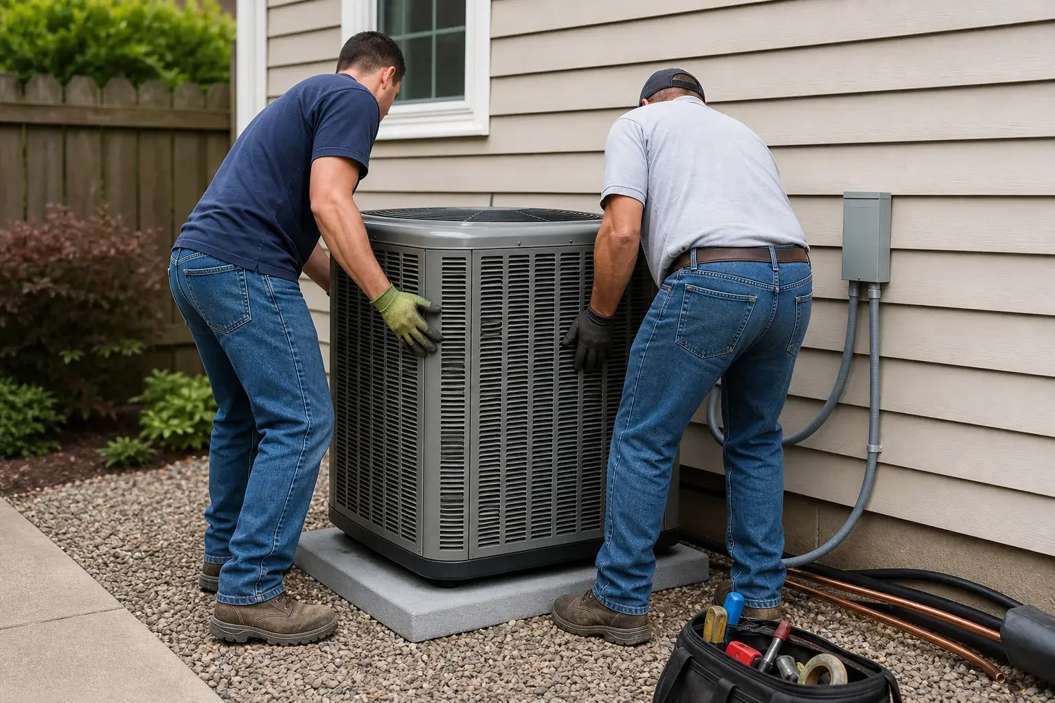 Installing a new residential air conditioning condenser on an equipment pad