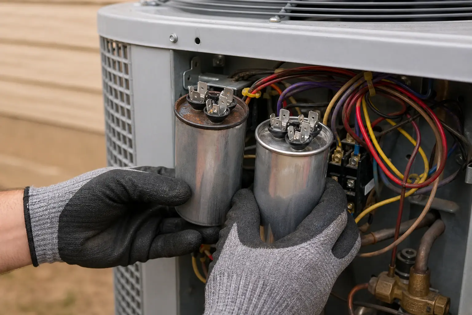 Replacing a worn capacitor inside a residential air conditioning condenser