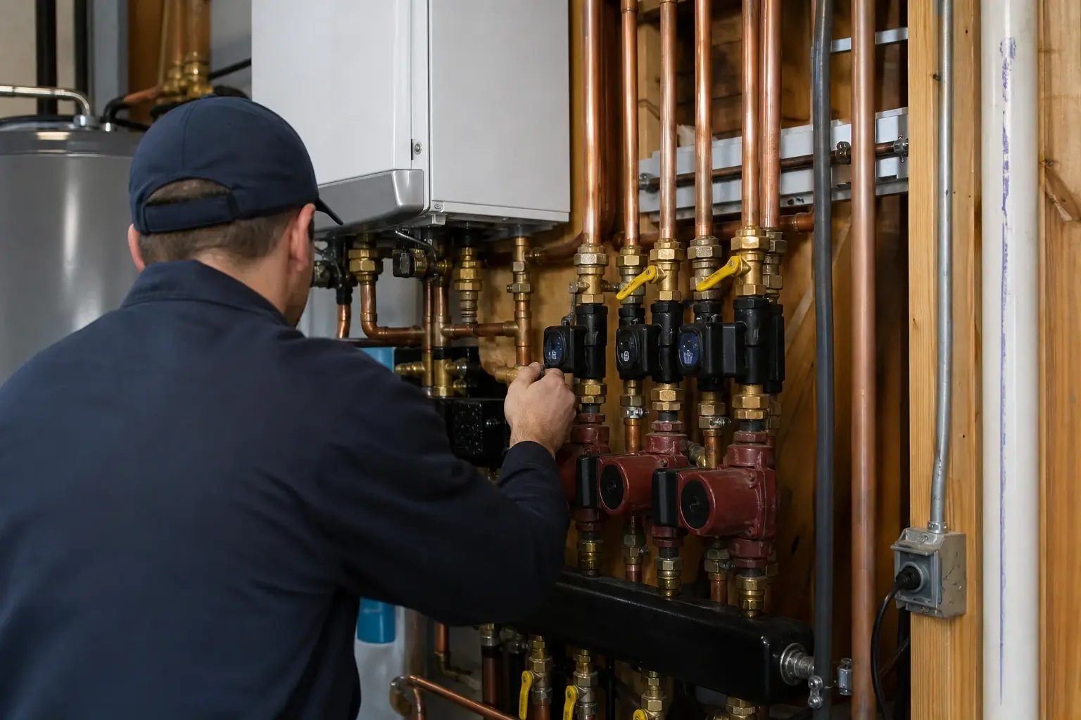 Inspecting residential boiler piping and zone valves during a repair visit