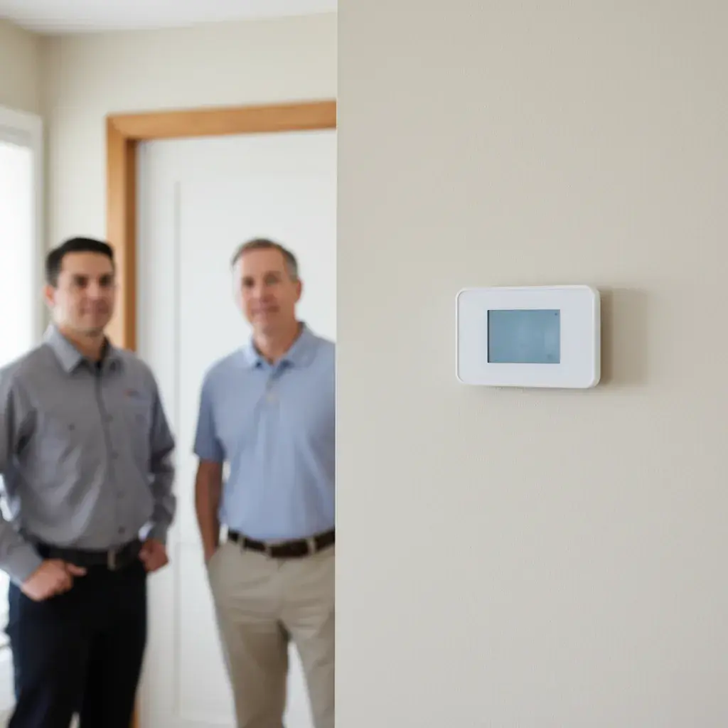 Technician checking thermostat wiring on a wall-mounted control unit