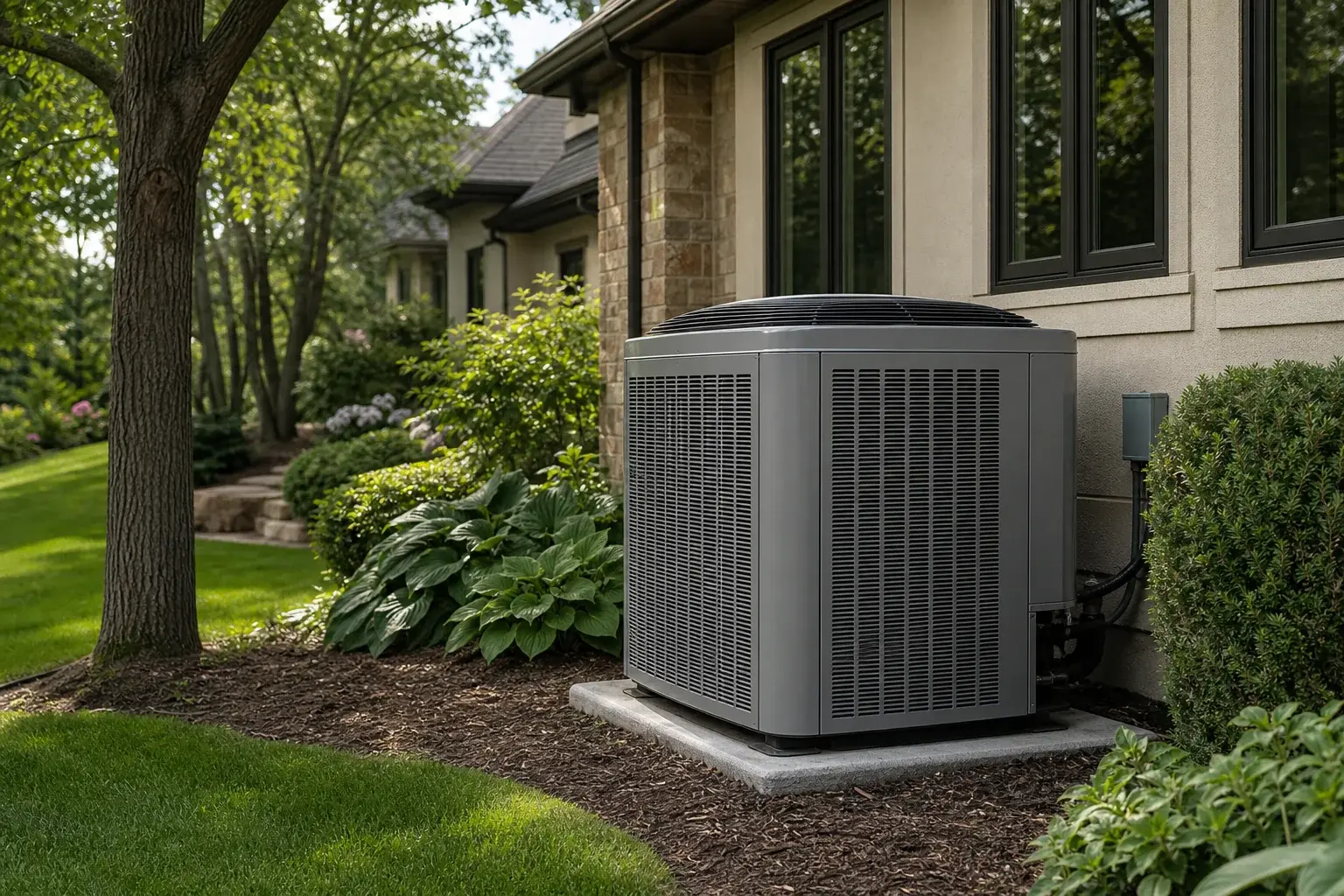 Large residential air conditioning system beside a home with mature trees