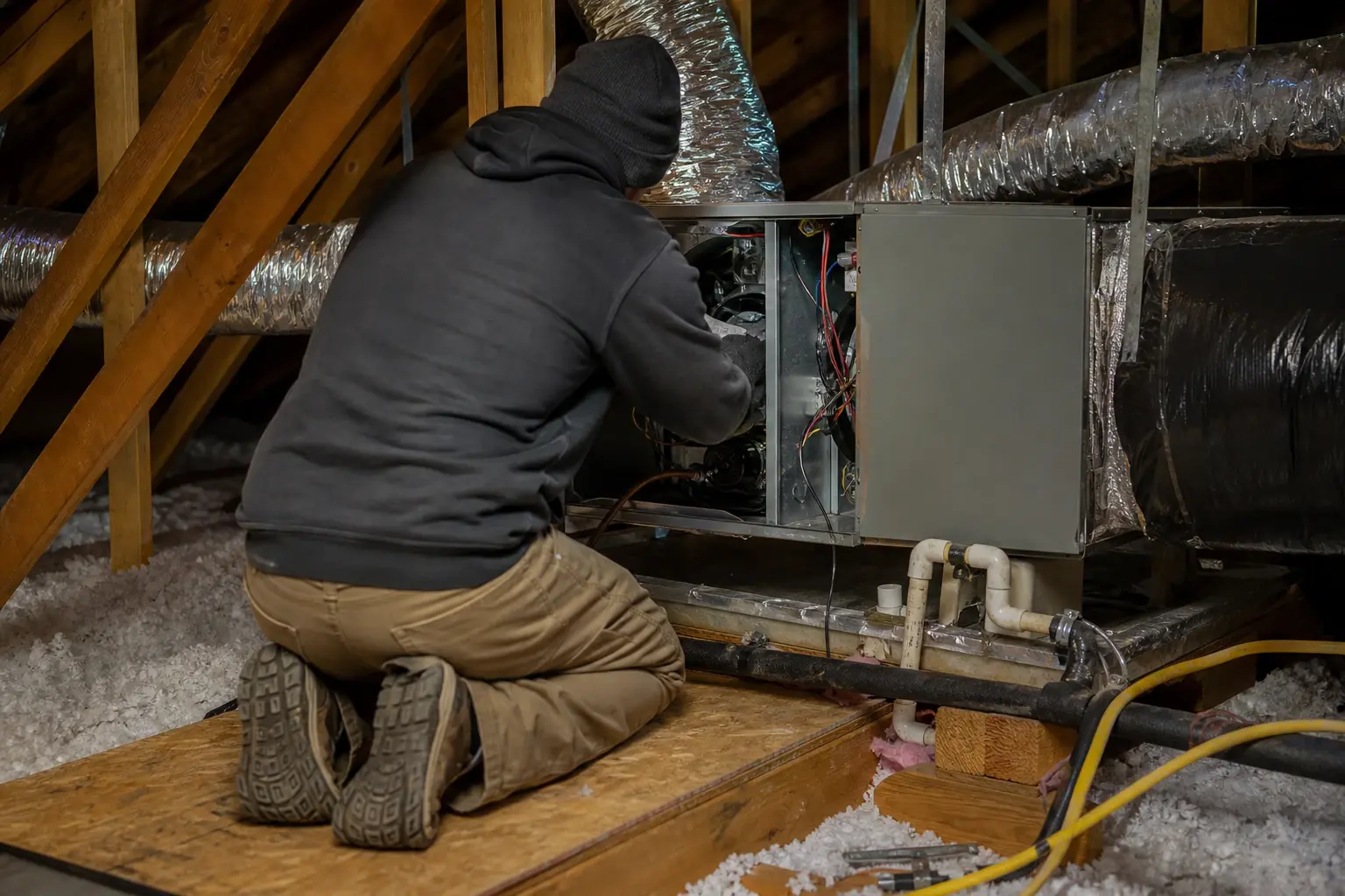 Servicing a residential attic air handler for a central air conditioning system
